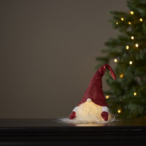 LED Stoff Wichtel mit Mütze - Weihnachtsmann - 1 warmweiße LED - H: 28cm - inkl. Batterie - rot