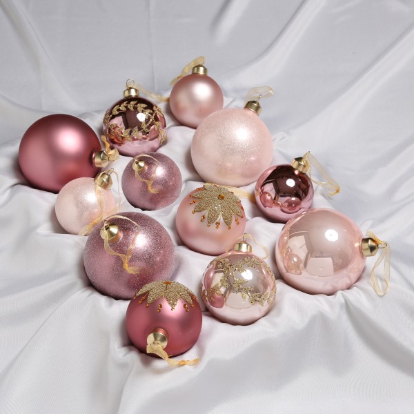 Christbaumkugel - Weihnachtskugel - Glas - 3 Größen - glänzend matt glitzernd - rosa - 12er Set