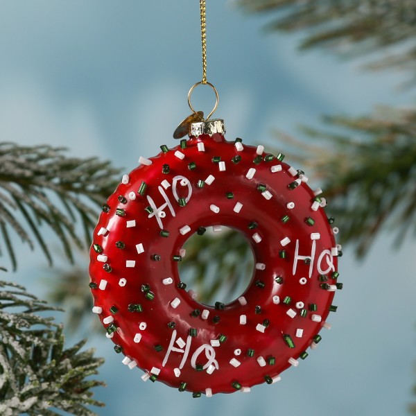 Weihnachtsbaumschmuck DONUT - Glas - inkl. Aufhänger - glänzend mit Verzierung - H: 8,5cm - rot