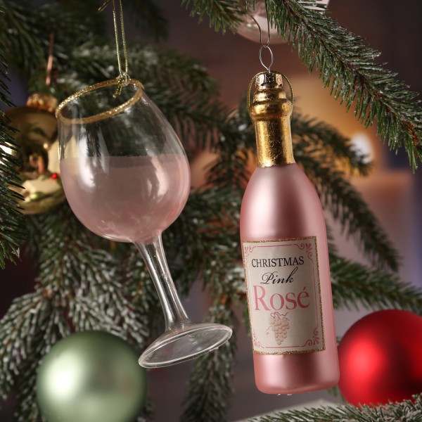 Weihnachtsbaumschmuck ROSÉWEIN - Weinflasche u. Weinglas - inkl. Aufhänger - rosa, gold - 2teilig
