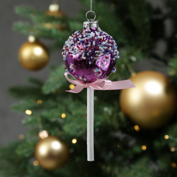 Weihnachtsbaumschmuck Lolli - mit Perlen verziert - Glas - Christbaumschmuck - H: 16cm - lila