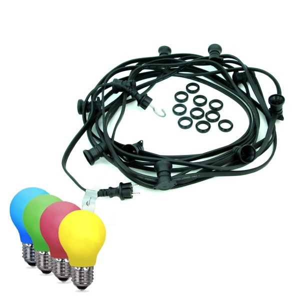 ILLU-Lichterkette BLACKY - 50m - 50xE27 | IP44 | bunte LED Tropfenlampen | SATISFIRE