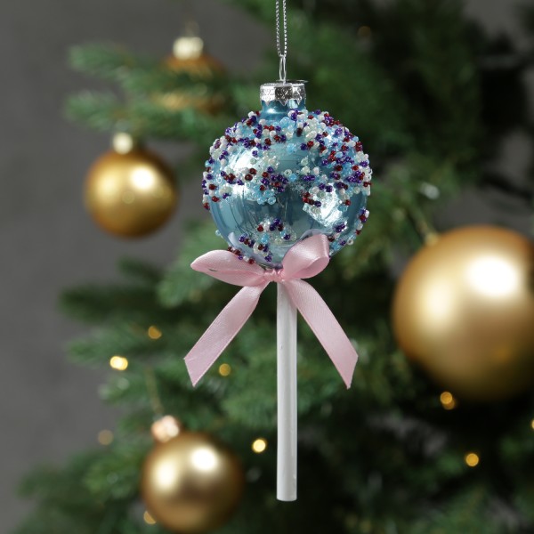 Weihnachtsbaumschmuck Lolli - mit Perlen verziert - Glas - Christbaumschmuck - H: 16cm - blau