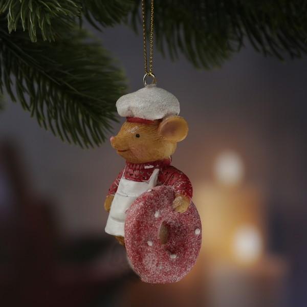 Weihnachtsbaumschmuck Maus mit Donut - Christbaumschmuck - Polyresin - H: 8,5cm