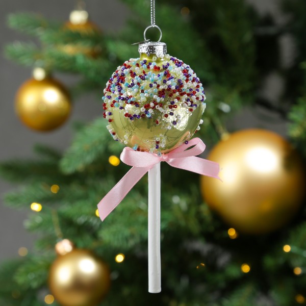 Weihnachtsbaumschmuck Lolli - mit Perlen verziert - Glas - Christbaumschmuck - H: 16cm - gold