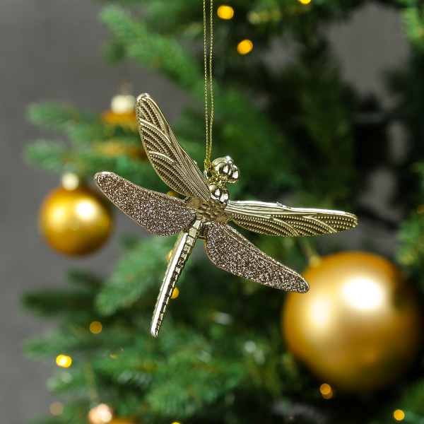 Libelle mit Glitzer - Weihnachtsbaumschmuck - Kunststoff - L: 14cm - gold glänzend