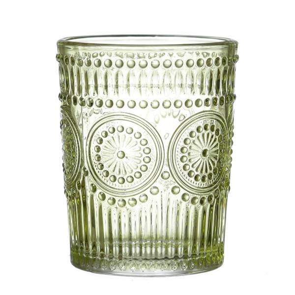 Trinkglas Vintage mit Blumenmuster - Glas - 280ml - H: 10cm - Bohostil - grün