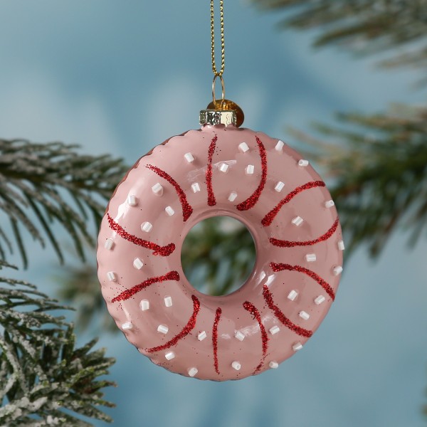 Weihnachtsbaumschmuck DONUT - Glas - inkl. Aufhänger - glänzend mit Verzierung - H: 8,5cm - rosa