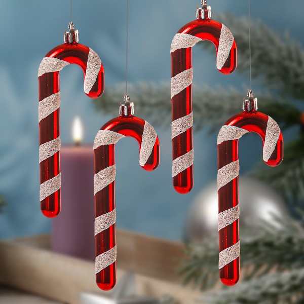 Weihnachtsbaumschmuck ZUCKERSTANGE - bruchfest - inkl. Aufhänger - H: 12cm - rot, weiß - 4er Set