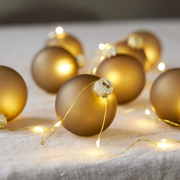 LED Lichterkette Weihnachtskugeln - Glas - 22 warmweiße LED - L: 1,6m - Timer - Batterie - gold
