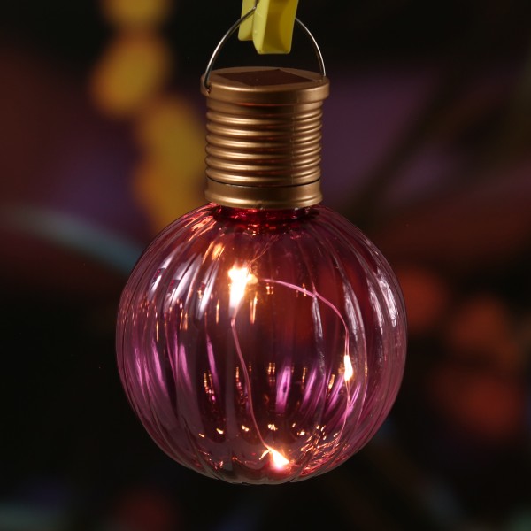 LED Solar Glühbirne GLOW - Kugelleuchte - 4 warmweiße LED Drahtlichterkette - H: 11cm, D: 8cm - pink
