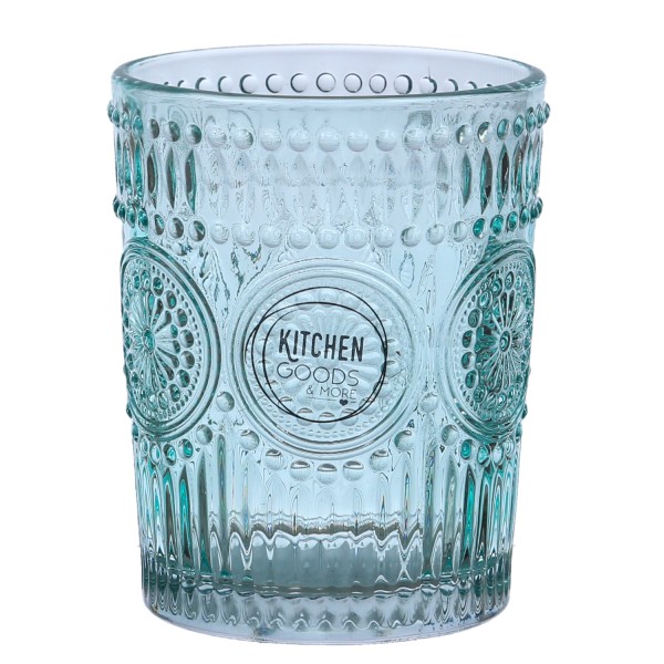 Trinkglas Vintage - Glas - lebensmittelecht - 280ml - H: 10cm - mit Muster - blau