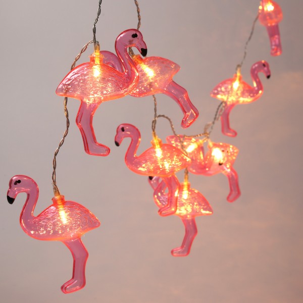 LED Lichterkette Flamingo - 10 pinke Flamingos - warmweiße LED - Batteriebetrieb - L: 1,35m - pink
