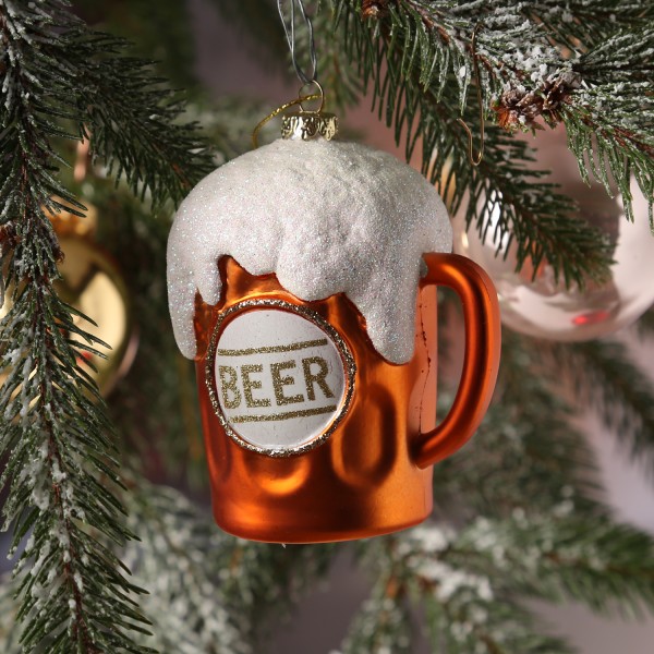 Weihnachtsbaumschmuck BIERGLAS - bruchfest - inkl. Aufhänger - H: 10,2cm - orange, weiß