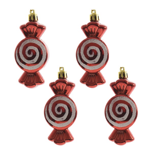 Weihnachtsbaumschmuck Bonbon - bruchfest - inkl. Aufhänger - H: 8cm - rot, weiß - 4er Set