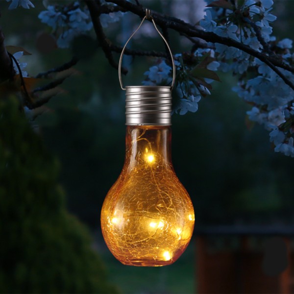 LED Solar Glühbirne CRACKLE GLOW - warmweiße LED Drahtlichterkette - H: 17cm - Lichtsensor - orange