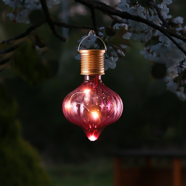 LED Solar Glühbirne GLOW - Kugelleuchte - warmweiße LED Drahtlichterkette - H: 11,7cm D:7,5cm - pink