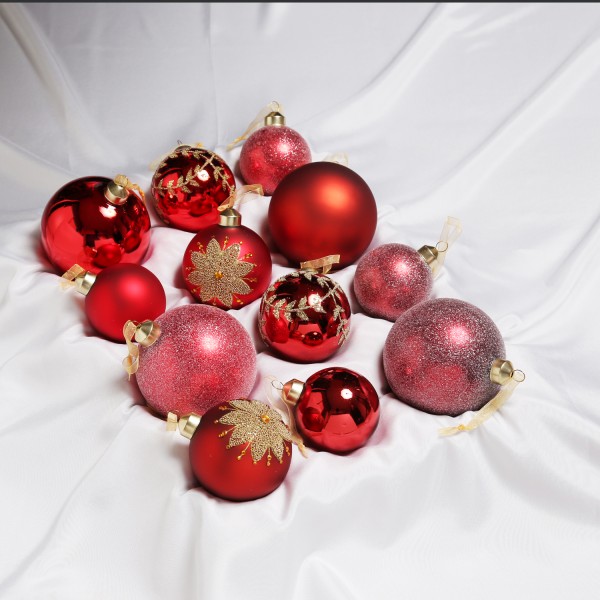 Christbaumkugel - Weihnachtskugel - Glas - 3 Größen - glänzend, matt und glitzernd - rot - 12er Set