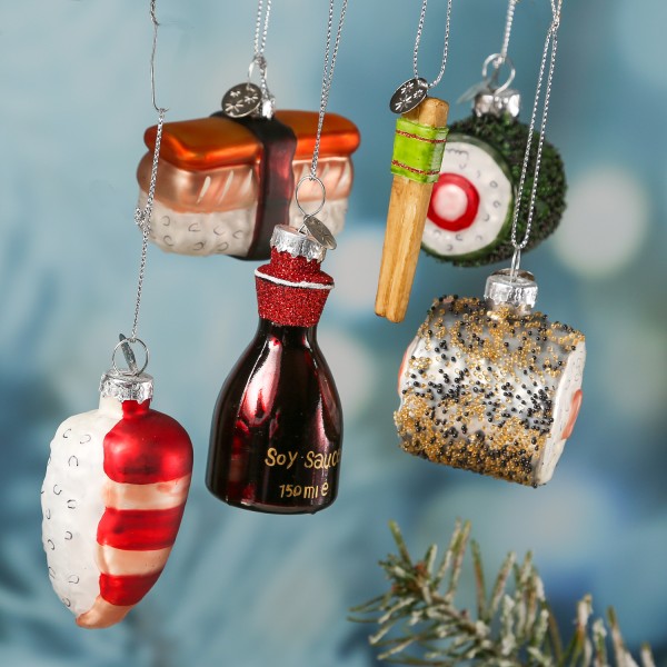 Weihnachtsbaumschmuck SUSHI - Glas - inkl. Aufhänger - matt glänzend und glitzernd - bunt - 6er Set